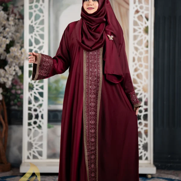 Arabian Style Jafran 𝗙𝗮𝗯𝗿𝗶𝗰𝘀 Embroidery Burqa Merun Colour