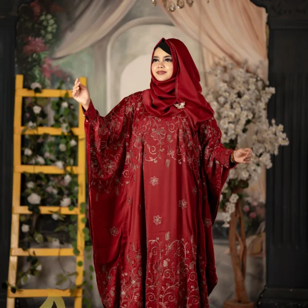 Luxury Jafran 𝗙𝗮𝗯𝗿𝗶𝗰𝘀 Embroidery Abaya Merun Colour